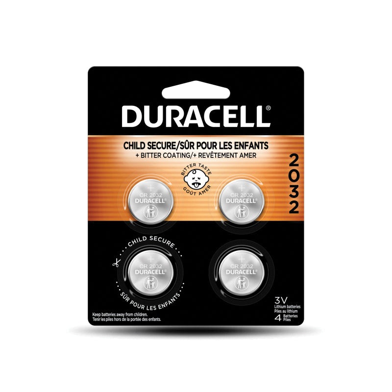 DURACELL DL2032B4PK Coin Battery With Bitter Coating, Lithium, 2032, 225 mAh, 3 V Nominal