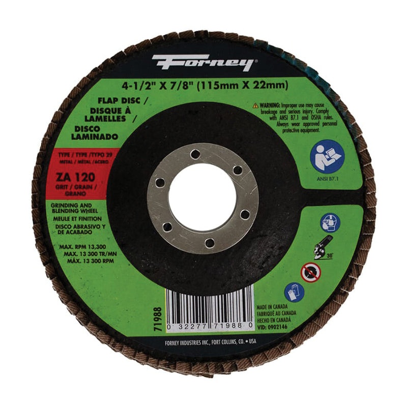 Forney 71988 Flap Disc, Type 29 Disc, 4-1/2 in Dia, 7/8 in Center Hole, 120 Grit, Fine Grit, Zirconia Alumina Abrasive