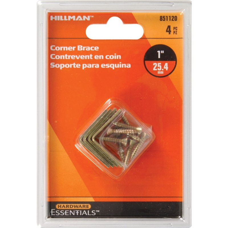 HARDWARE ESSENTIALS 851120 Corner Brace, 1 in L, 1/2 in W, Steel, Zinc/Yellow Dichromate