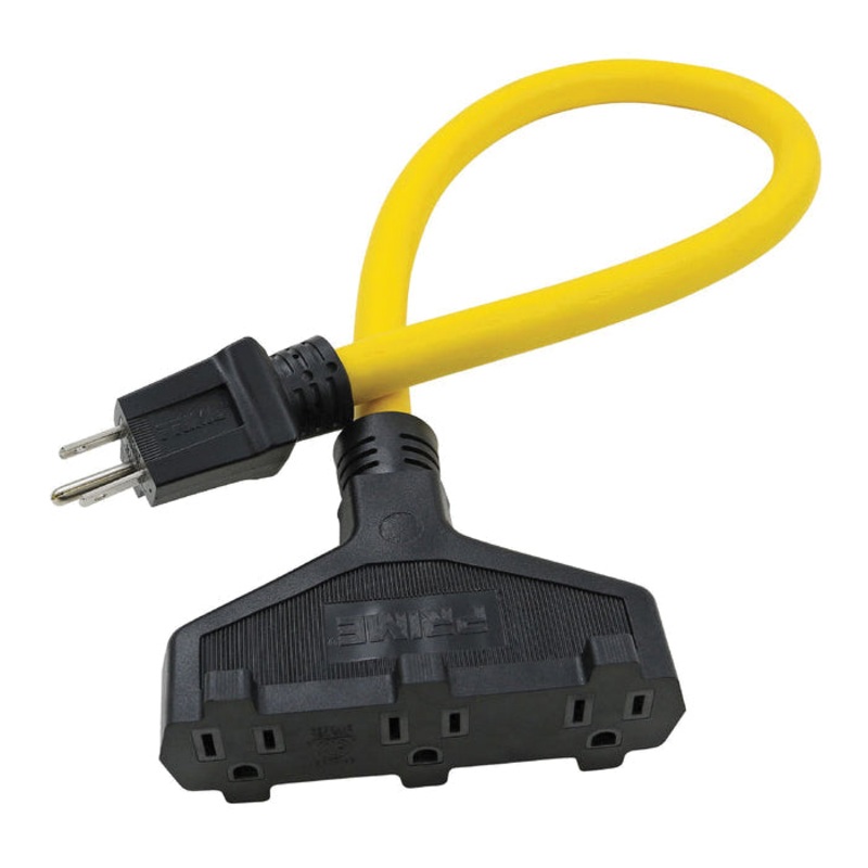 PRIME AD050802 Outdoor Adapter, 2 ft OAL, 15 A, 125 V, 12 AWG Wire, 3 -Outlet, Yellow