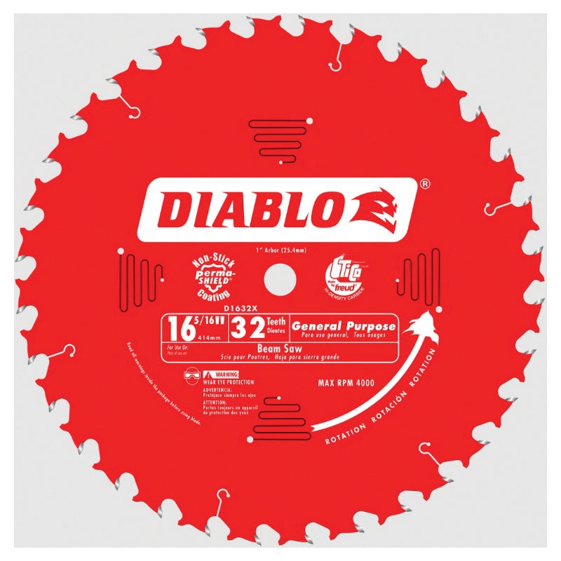 DIABLO D1632X General Purpose Saw Blade, 16-5/16 in Dia, ATB Teeth, 32-Teeth, 22 deg Hook, 1 in Arbor